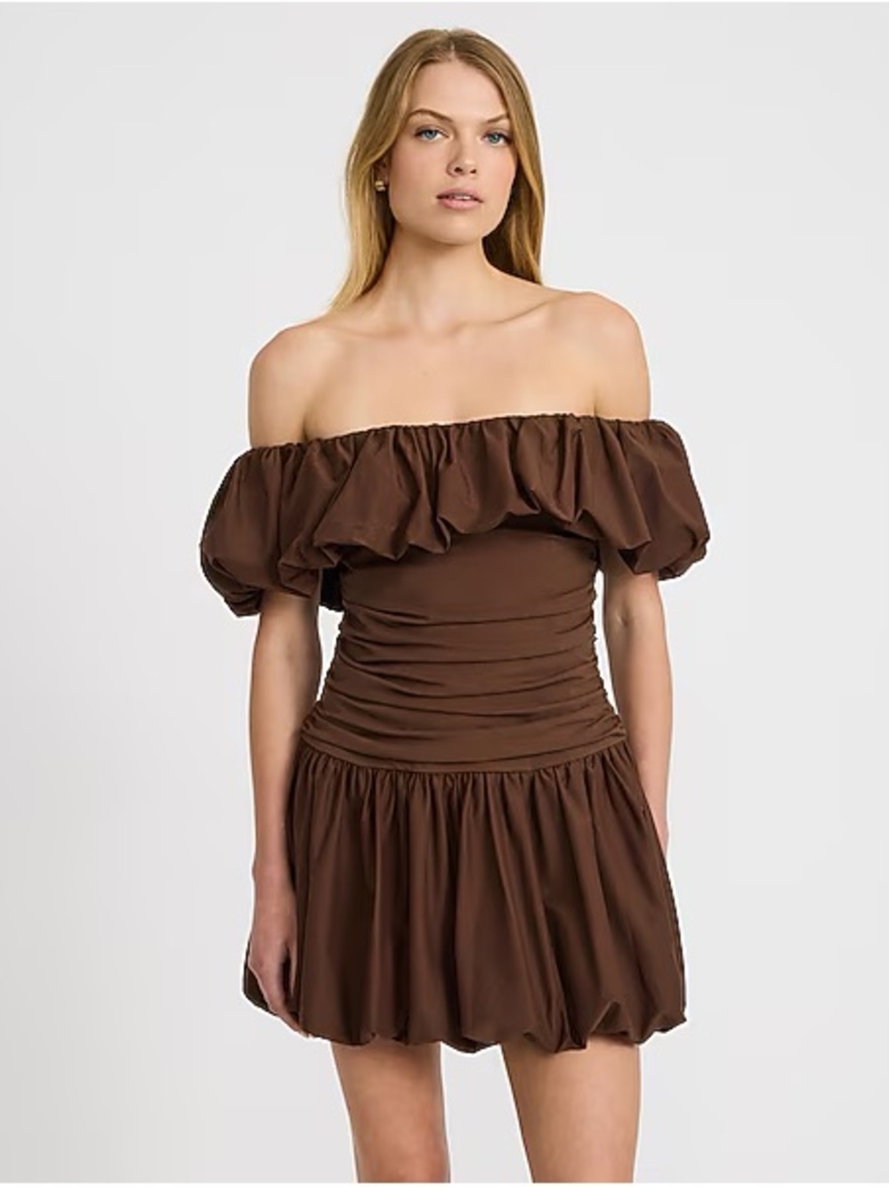 NWT Chocolate Brown Off Shoulder Ruched Bubble Hem Mini Dress Size Small